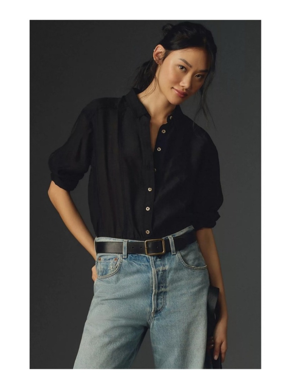 Anthropologie Pilcro Buttondown Blouse Bodysuit in Black Size Large - Picture 2 of 13